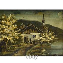 Vers 1880-1900 Peinture ancienne à l'huile paysage avec une maison 24x20 cm