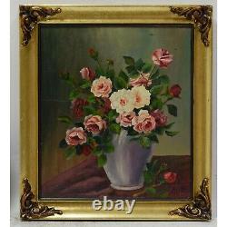 Vers 1900-1950 Peinture ancienne à l'huile Nature morte bouquet de fleurs 48x43