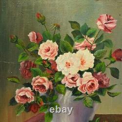 Vers 1900-1950 Peinture ancienne à l'huile Nature morte bouquet de fleurs 48x43