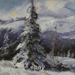 Vers 1950-1960 Peinture ancienne à l'huile Paysage alpin hivernal 38x31 cm