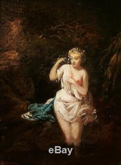 Victor Louis HUGUES tableau femme nue bain forêt Diane Salon 1859 école Barbizon