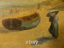 Vidal, peintre à identifier, scène de plage, huile sur panneau, début XXe