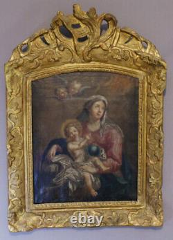 Vierge à l'Enfant, Huile Sur Toile Et Son Cadre En Bois Sculpté Doré, époque 17e