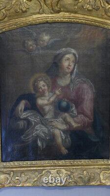 Vierge à l'Enfant, Huile Sur Toile Et Son Cadre En Bois Sculpté Doré, époque 17e