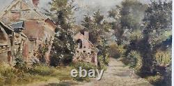 Village en ruines et abandonné Tableau ancien huile sur panneau bois biseauté