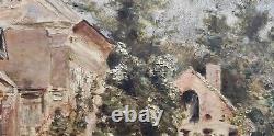 Village en ruines et abandonné Tableau ancien huile sur panneau bois biseauté