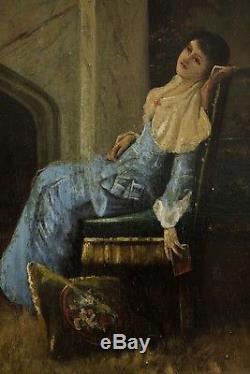 XIXe Siècle, Jeune dame au livre dans son intérieur, Signé A. Car. À identifier