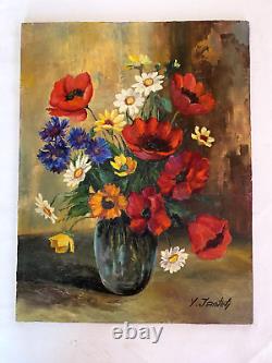 Y. JANTET Peinture Huile sur bois Bouquet de fleurs painting