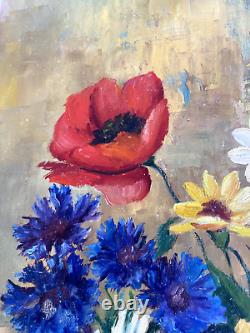 Y. JANTET Peinture Huile sur bois Bouquet de fleurs painting