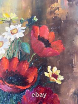 Y. JANTET Peinture Huile sur bois Bouquet de fleurs painting