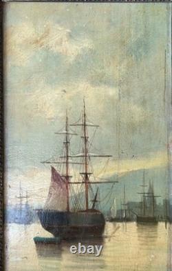 Yachting Sea Seascape 19th Century Original Antique Oil, Framed