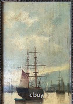 Yachting Sea Seascape 19th Century Original Antique Oil, Framed