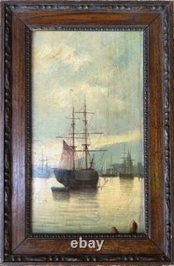 Yachting Sea Seascape 19th Century Original Antique Oil, Framed